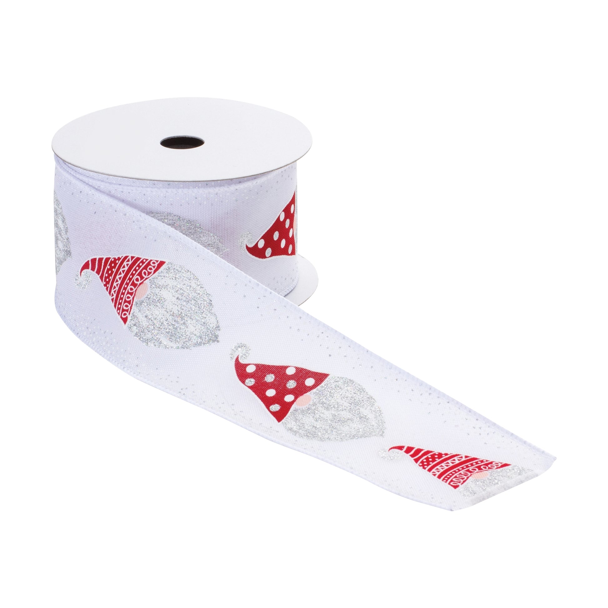 Red and white wired ribbon featuring Gnome Santa head design, set of 2 (2.5″ x 10 yd each), ideal for bows, wreaths, and festive decorating