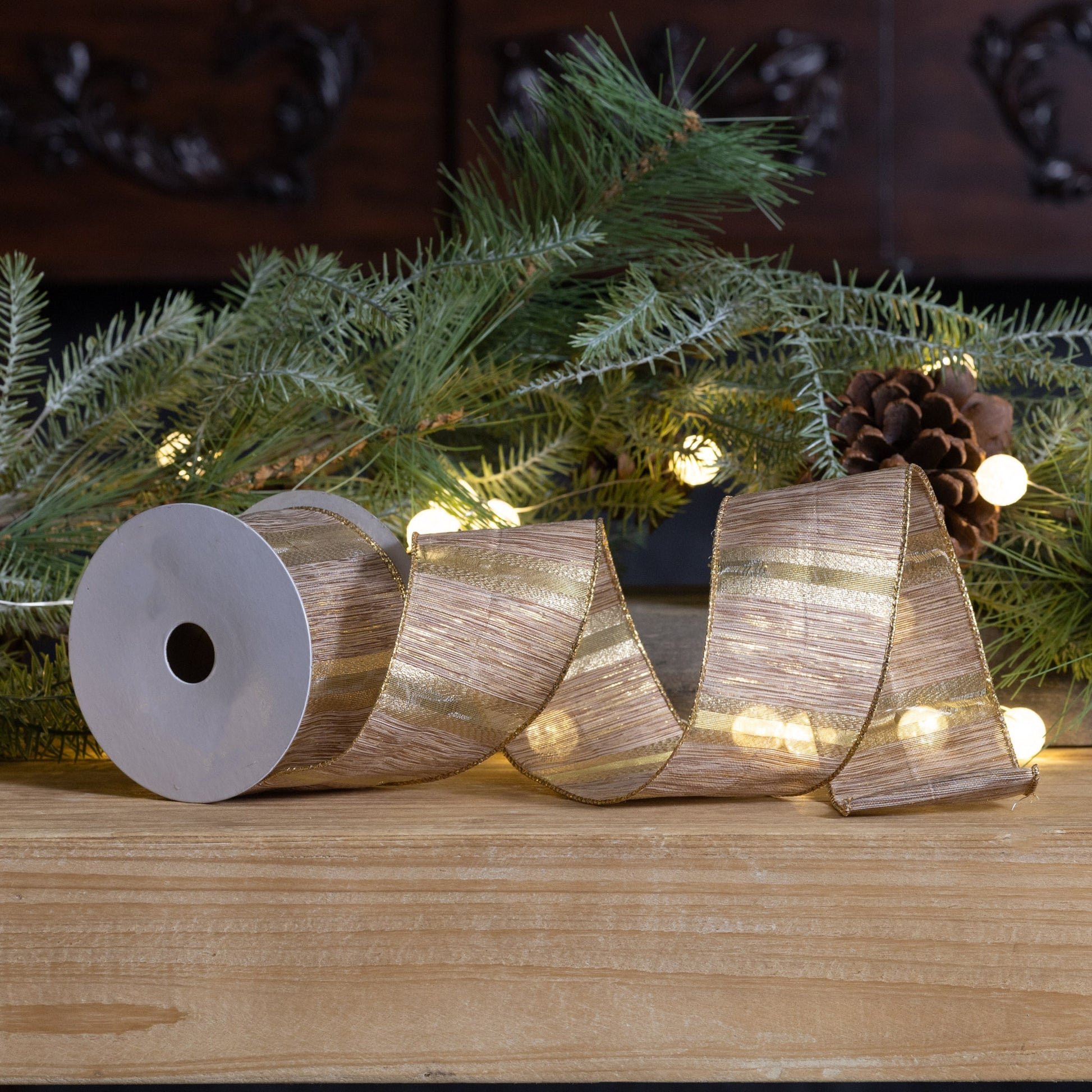 Beige glittered wood striped wired ribbon, set of 3 (2.5″ x 10 yd each), rustic beige tones for holiday bows, wreaths, and DIY décor
