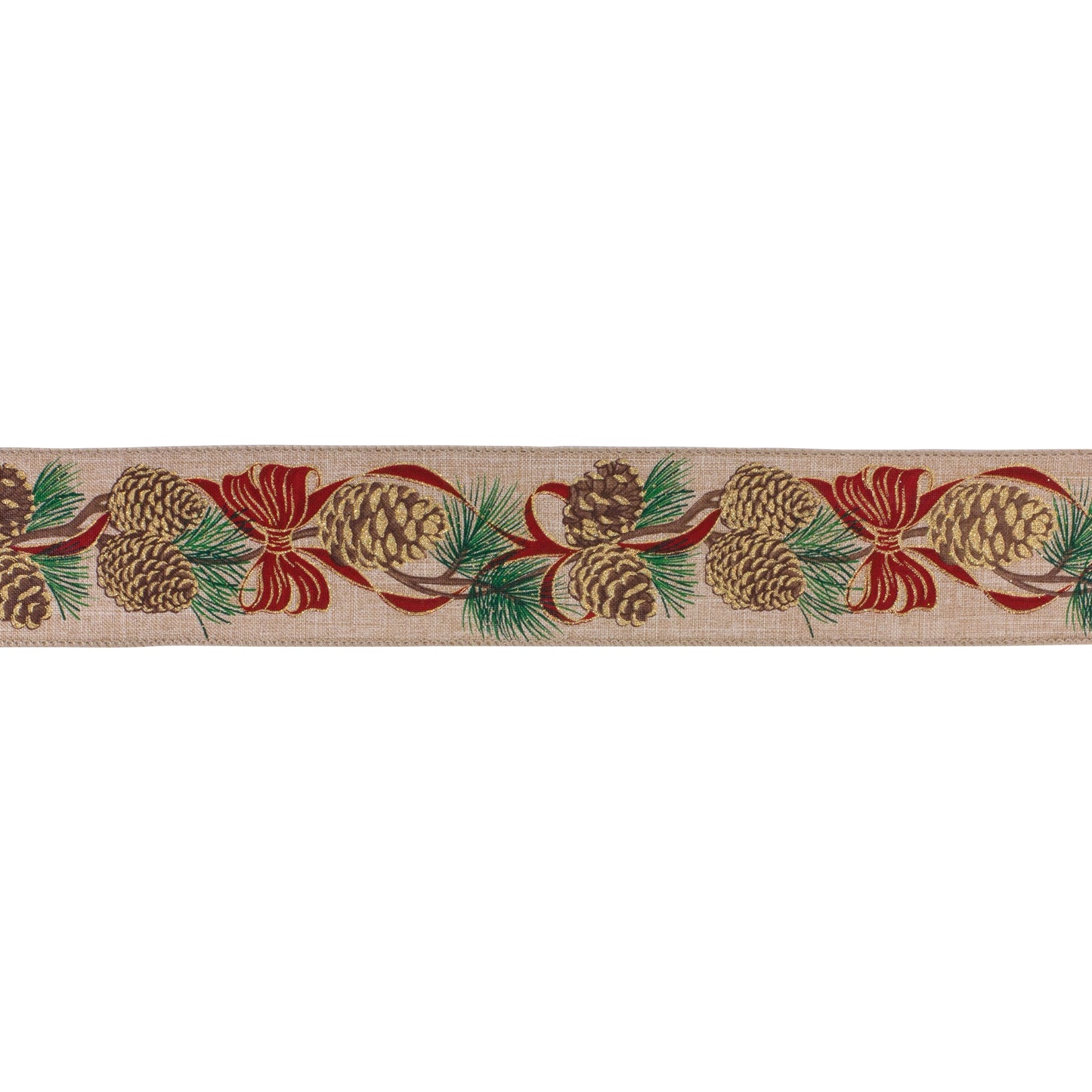 Wired polyester ribbon, set of 2 (2.5″ × 10 yd each), pinecone pattern in red, beige, and green with wired edges for shaping décor
