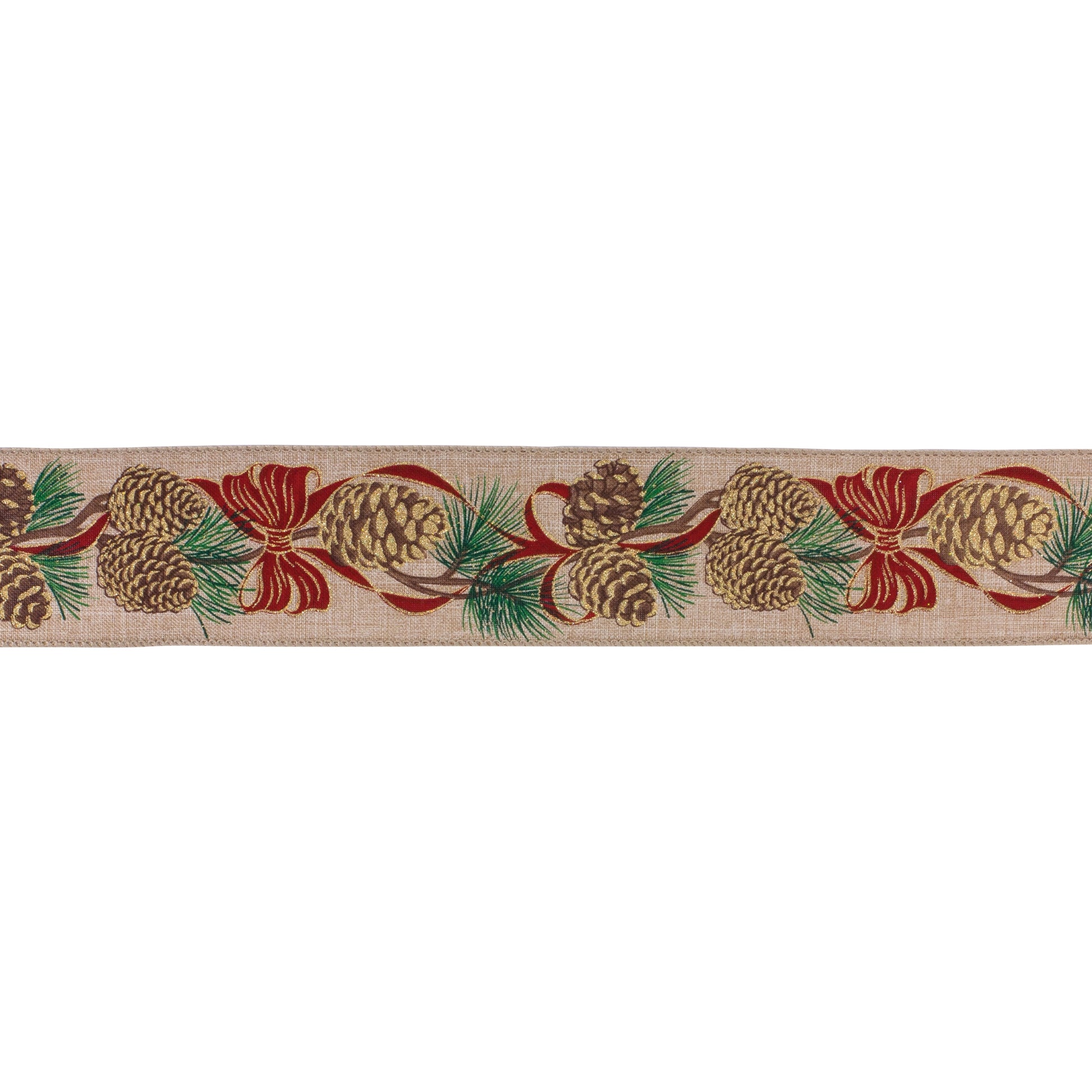 Wired polyester ribbon, set of 2 (2.5″ × 10 yd each), pinecone pattern in red, beige, and green with wired edges for shaping décor
