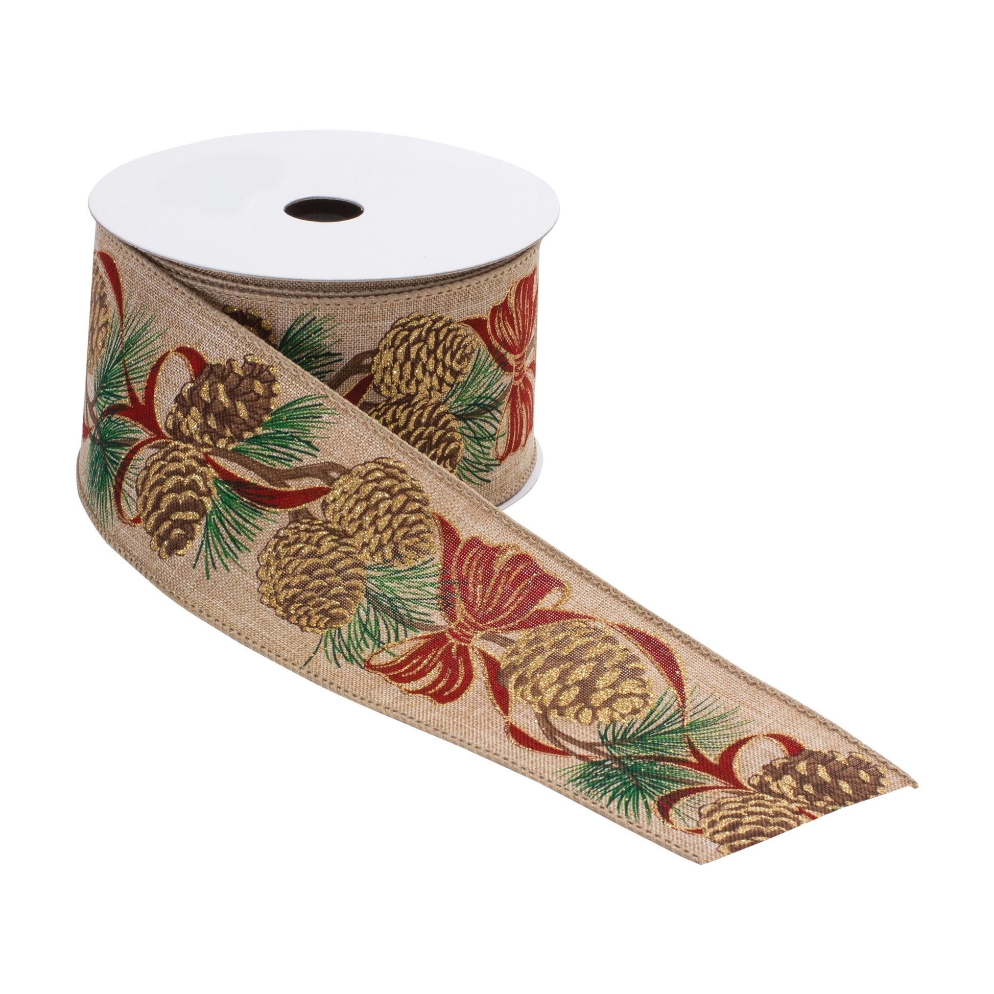Wired polyester ribbon, set of 2 (2.5″ × 10 yd each), pinecone pattern in red, beige, and green with wired edges for shaping décor
