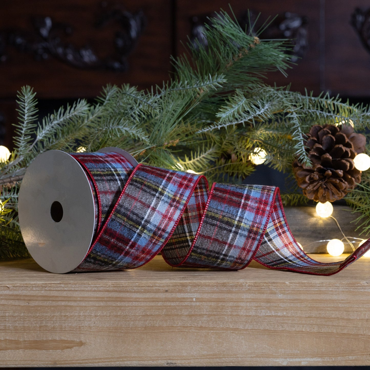 Red, black, and white plaid wired polyester ribbon, set of 2 (2.5″ x 10 yd each), ideal for wreaths, bows, tree garlands, and holiday décor
