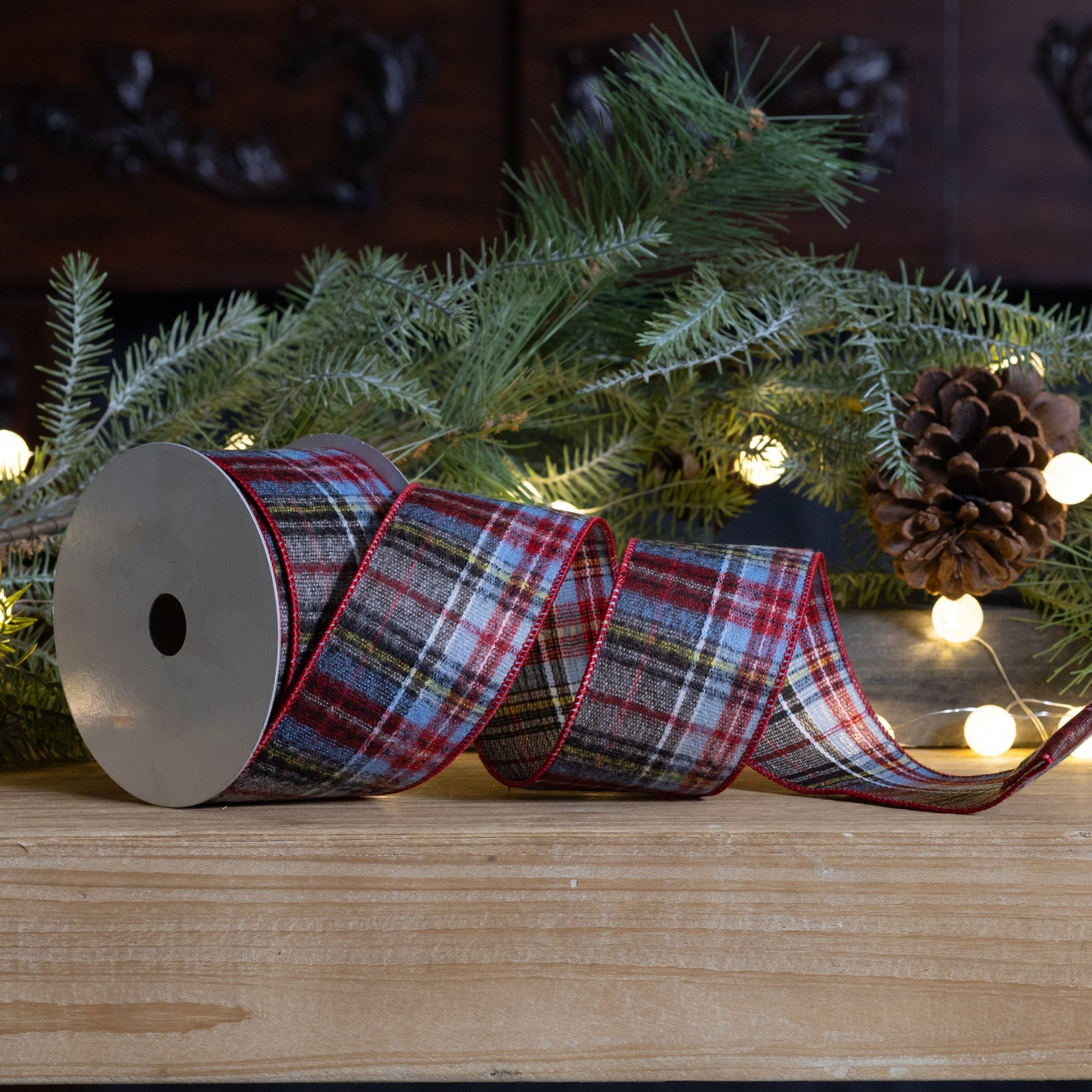 Red, black, and white plaid wired polyester ribbon, set of 2 (2.5″ x 10 yd each), ideal for wreaths, bows, tree garlands, and holiday décor
