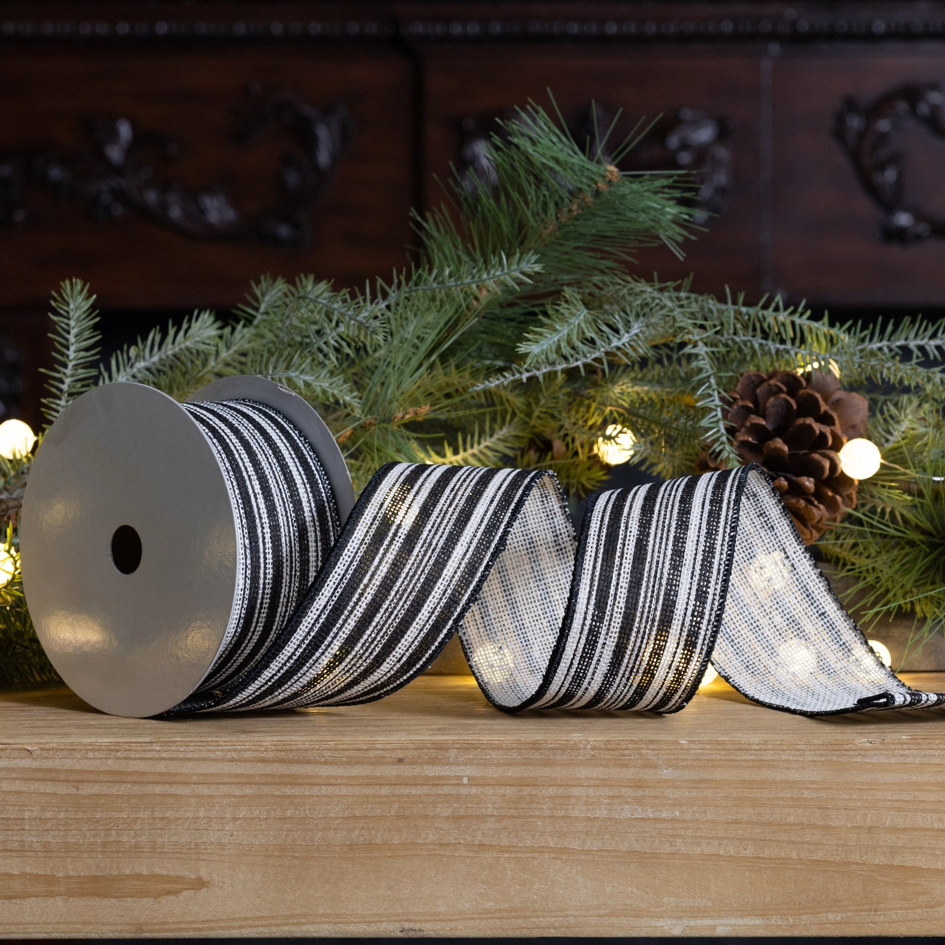 Black and white pinstriped wired ribbon, set of 2 (2.5″ x 10 yd each), wired edges for bows, wreaths, and holiday décor
