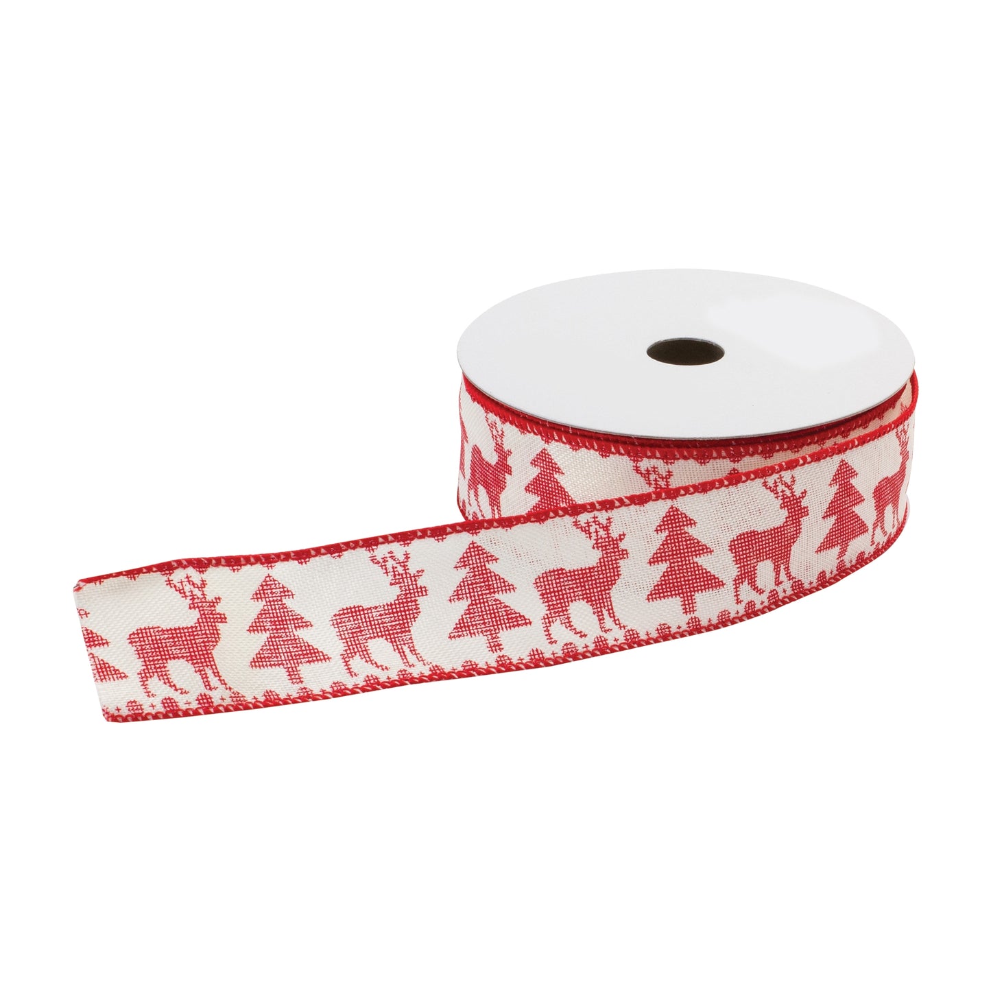 Red and white wired ribbon with deer and Christmas tree pattern, set of 2 (2.5″ x 10 yd each), wired edges for bows, wreaths, and holiday décor
