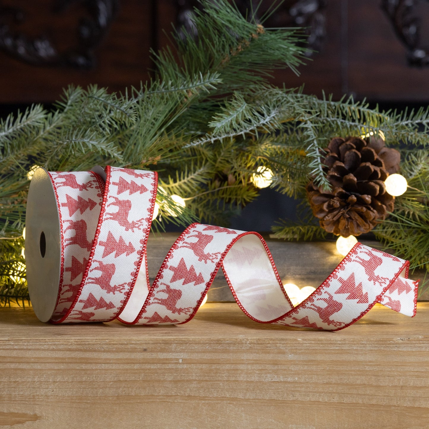 Red and white wired ribbon with deer and Christmas tree pattern, set of 2 (2.5″ x 10 yd each), wired edges for bows, wreaths, and holiday décor
