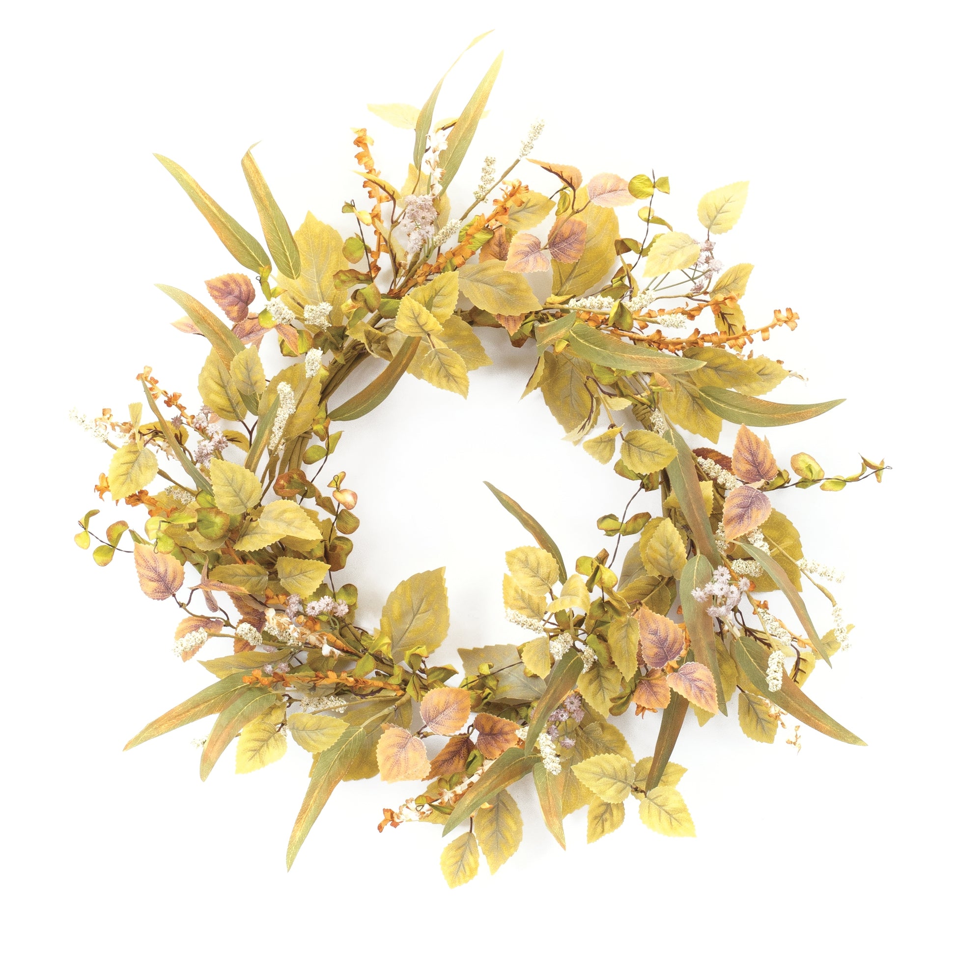 21-inch mixed fall foliage wreath with olive, orange, and brown leaves and natural twig accents

