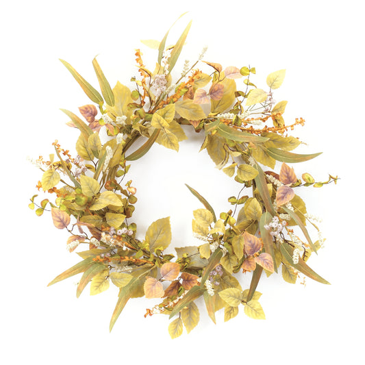 21-inch mixed fall foliage wreath with olive, orange, and brown leaves and natural twig accents
