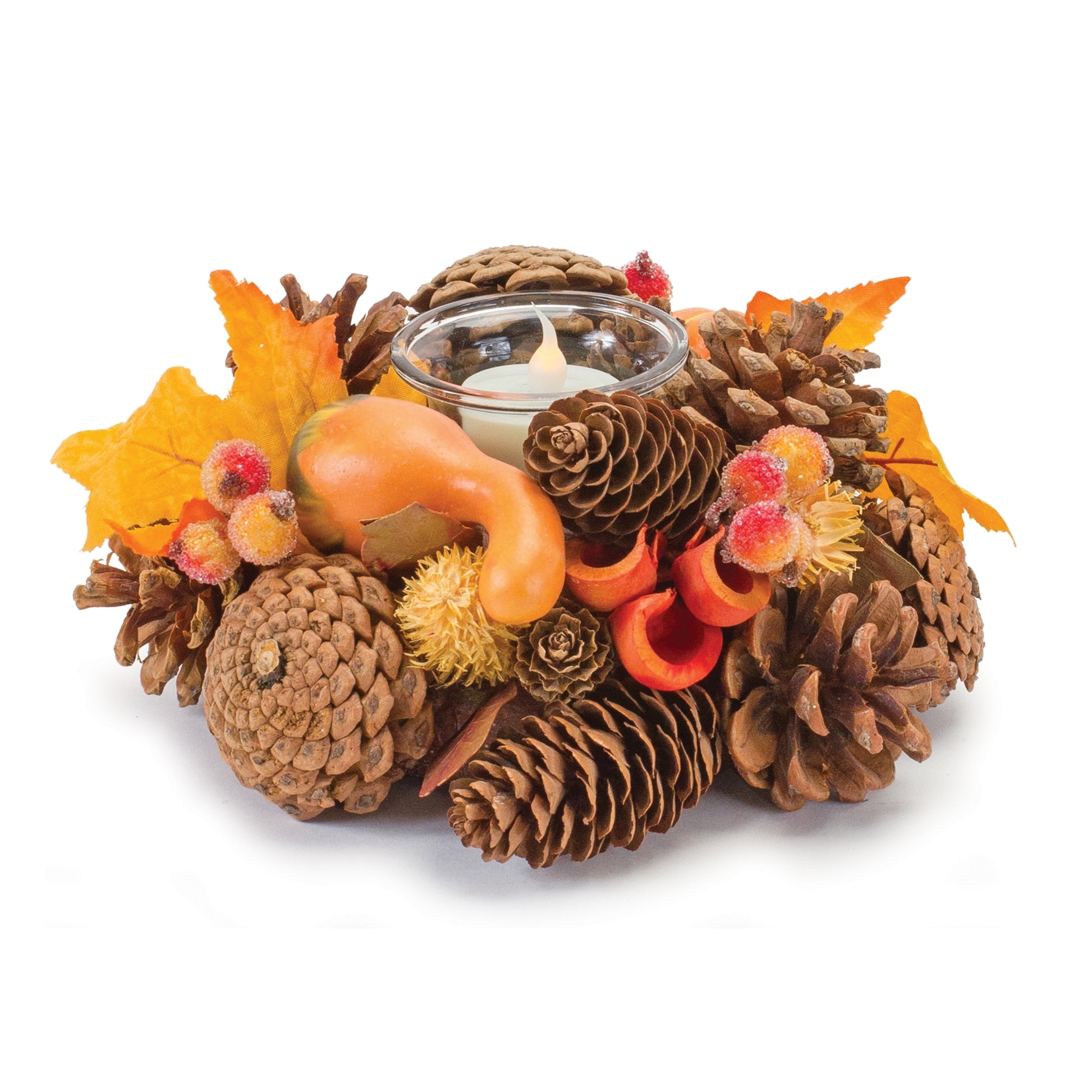 Set of six votive candle holders featuring pinecone, berry, gourd, and maple leaf accents in fall tones