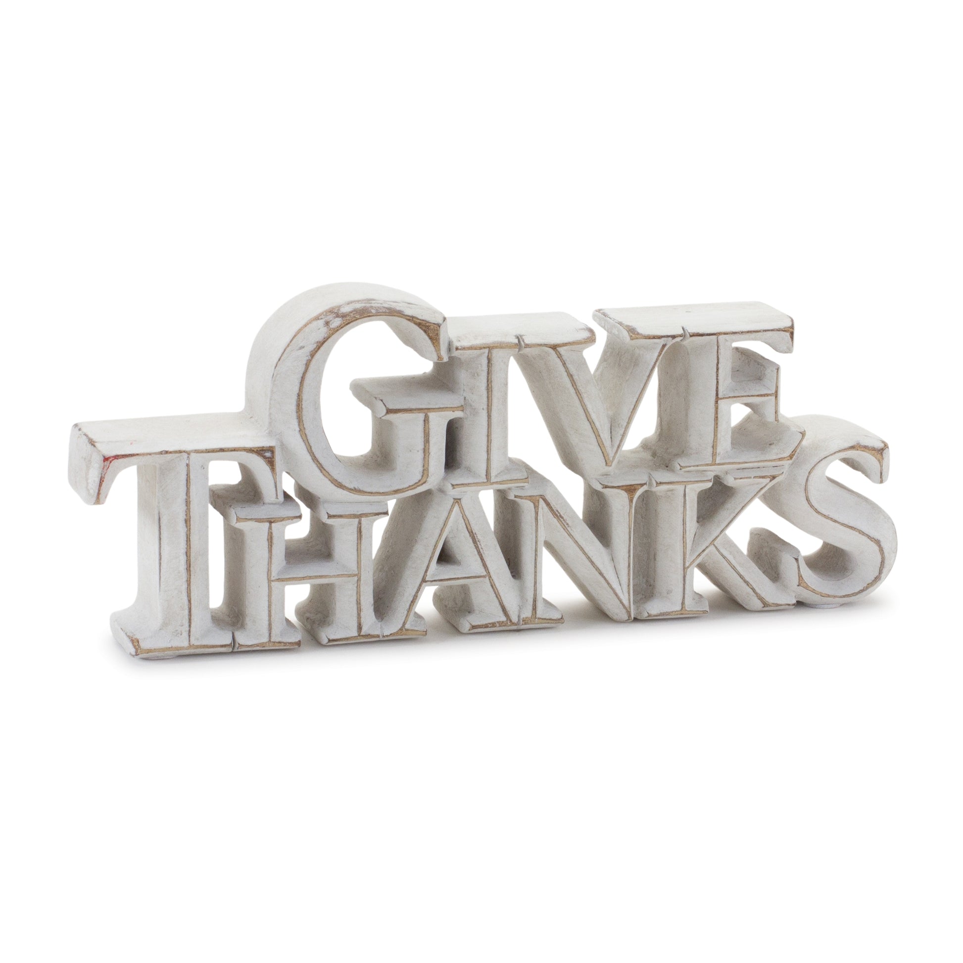 Two white-washed tabletop resin signs reading “Happy Harvest” and “Give Thanks”
