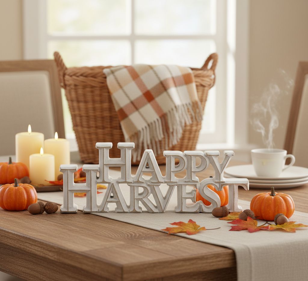 Two white-washed tabletop resin signs reading “Happy Harvest” and “Give Thanks”
