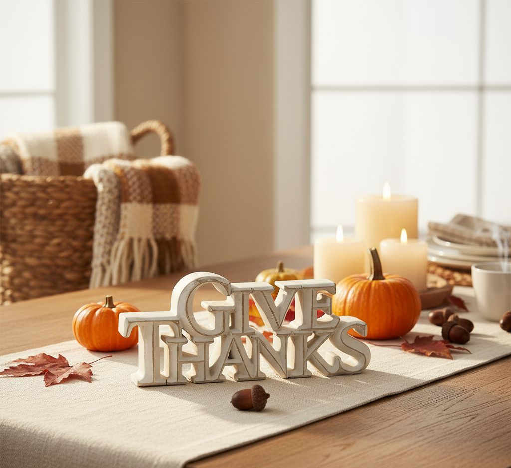 Two white-washed tabletop resin signs reading “Happy Harvest” and “Give Thanks”
