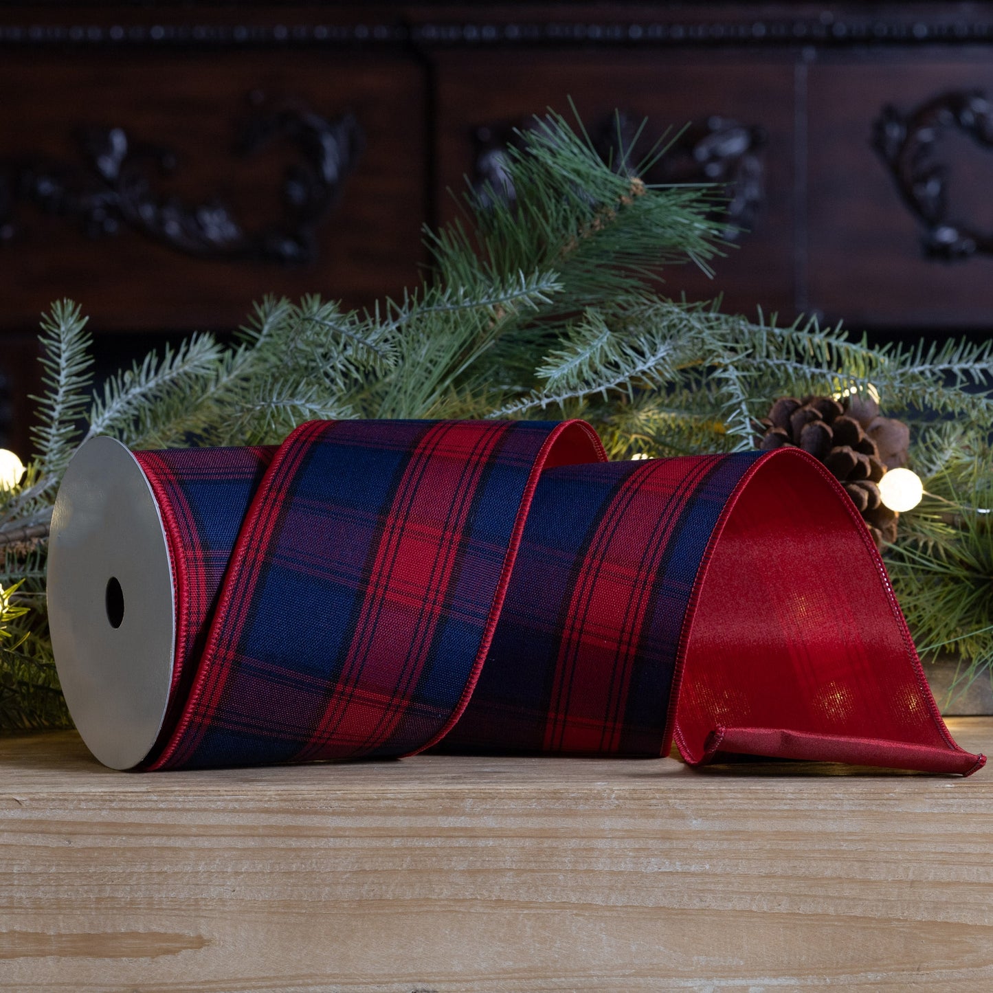 Red and black checkered wired polyester ribbon, 2.5″ × 10 yd, wired edges for bows, wreaths, and holiday décor
