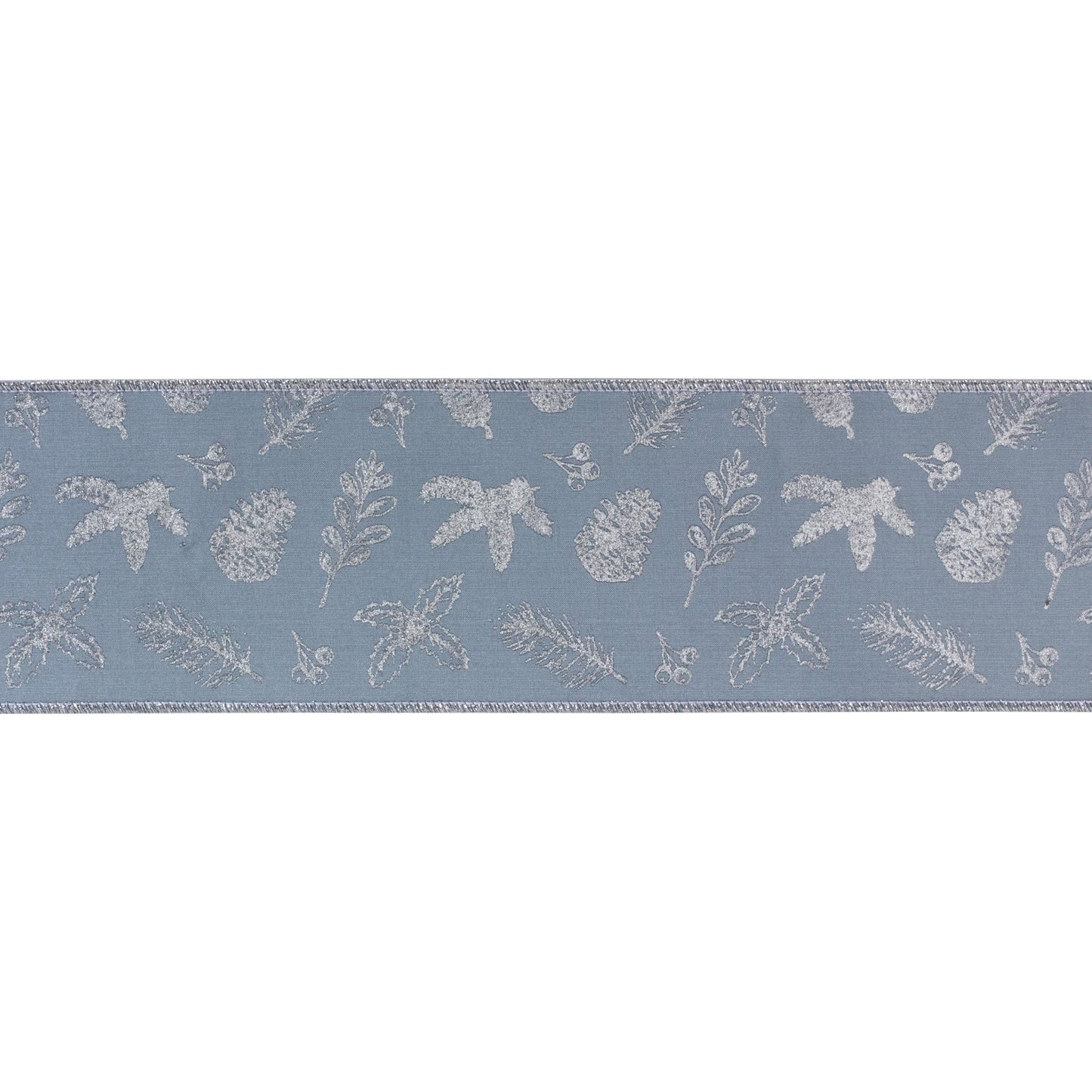Blue and silver botanical wired ribbon, 4″ × 10 yd roll with metallic leaf design and wired edges for crafting bows, wreaths, and décor
