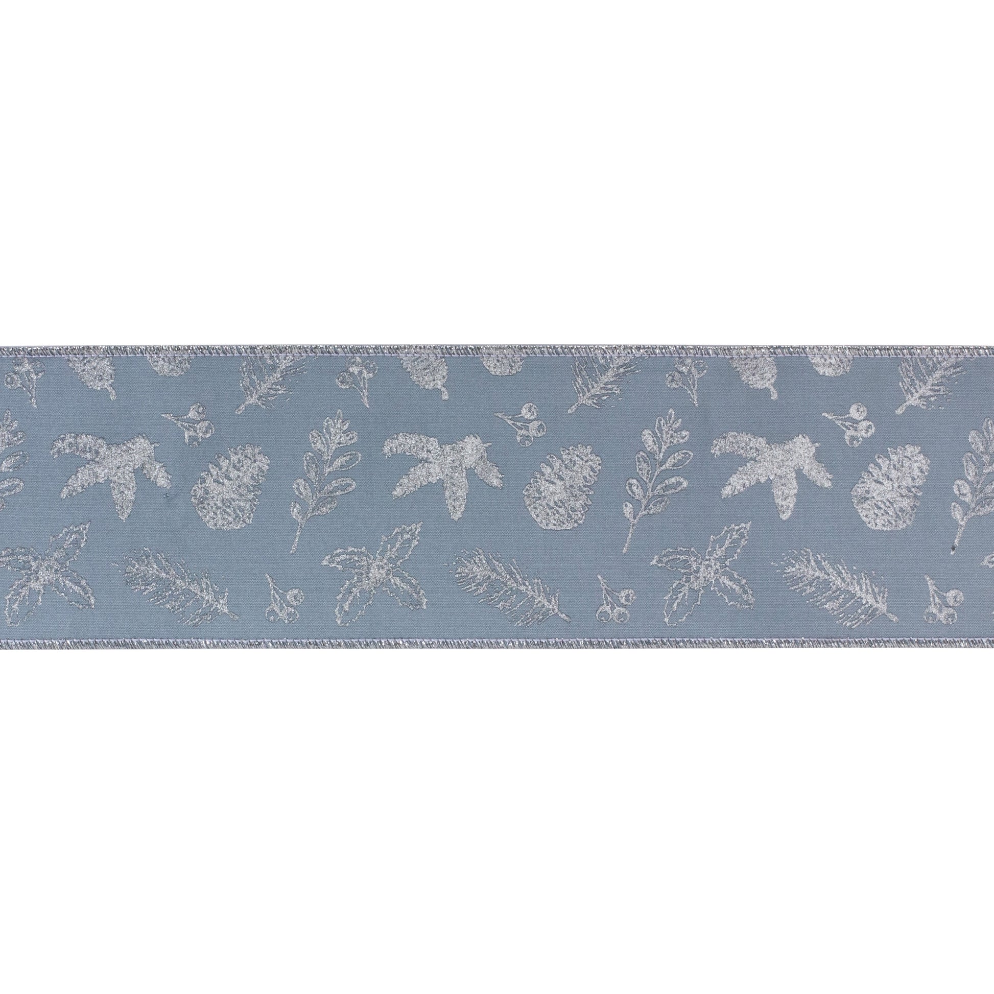 Blue and silver botanical wired ribbon, 4″ × 10 yd roll with metallic leaf design and wired edges for crafting bows, wreaths, and décor
