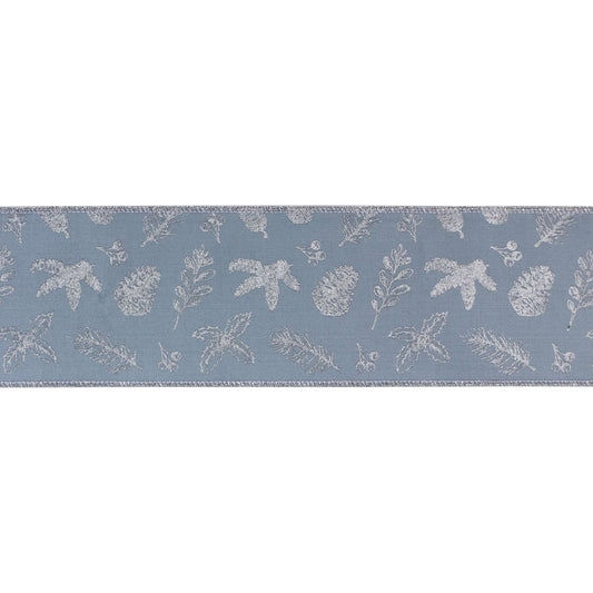 Blue and silver botanical wired ribbon, 4″ × 10 yd roll with metallic leaf design and wired edges for crafting bows, wreaths, and décor
