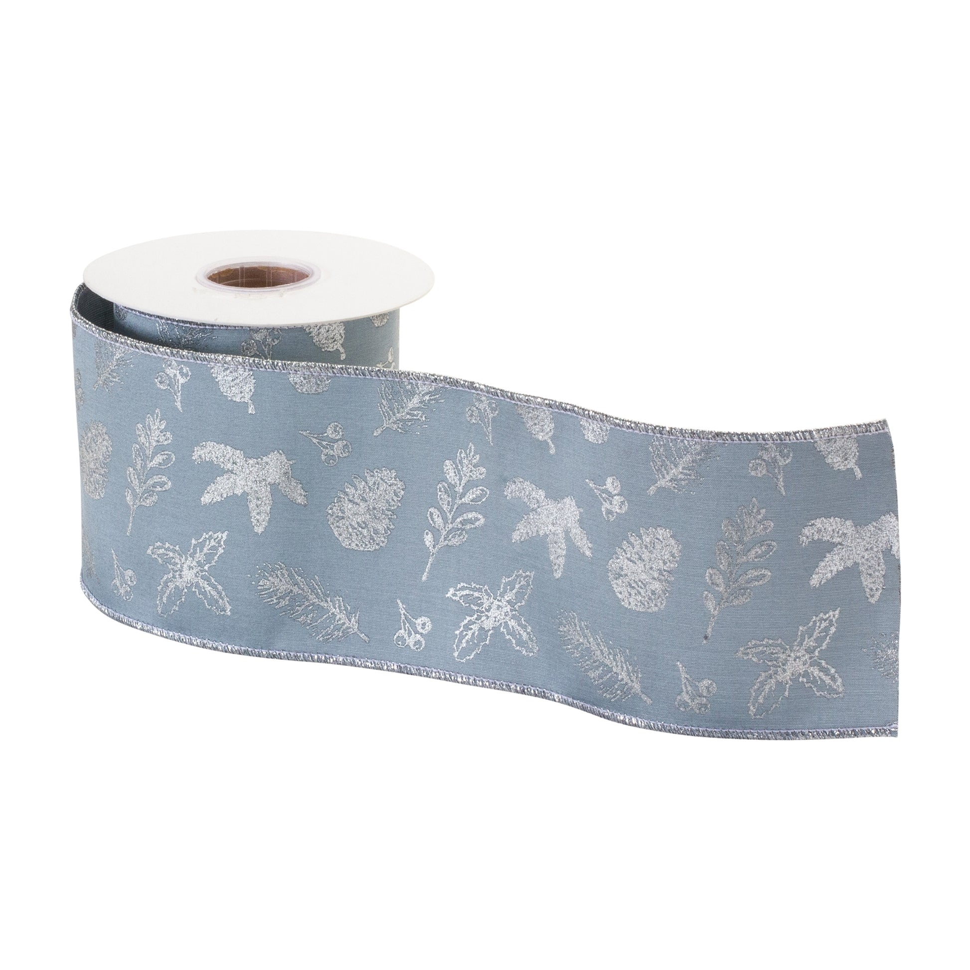Blue and silver botanical wired ribbon, 4″ × 10 yd roll with metallic leaf design and wired edges for crafting bows, wreaths, and décor
