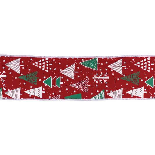 Holiday 4″ × 10 yd wired cotton ribbon with red and green Christmas tree design—ideal for bows, wreaths, and gift crafts
