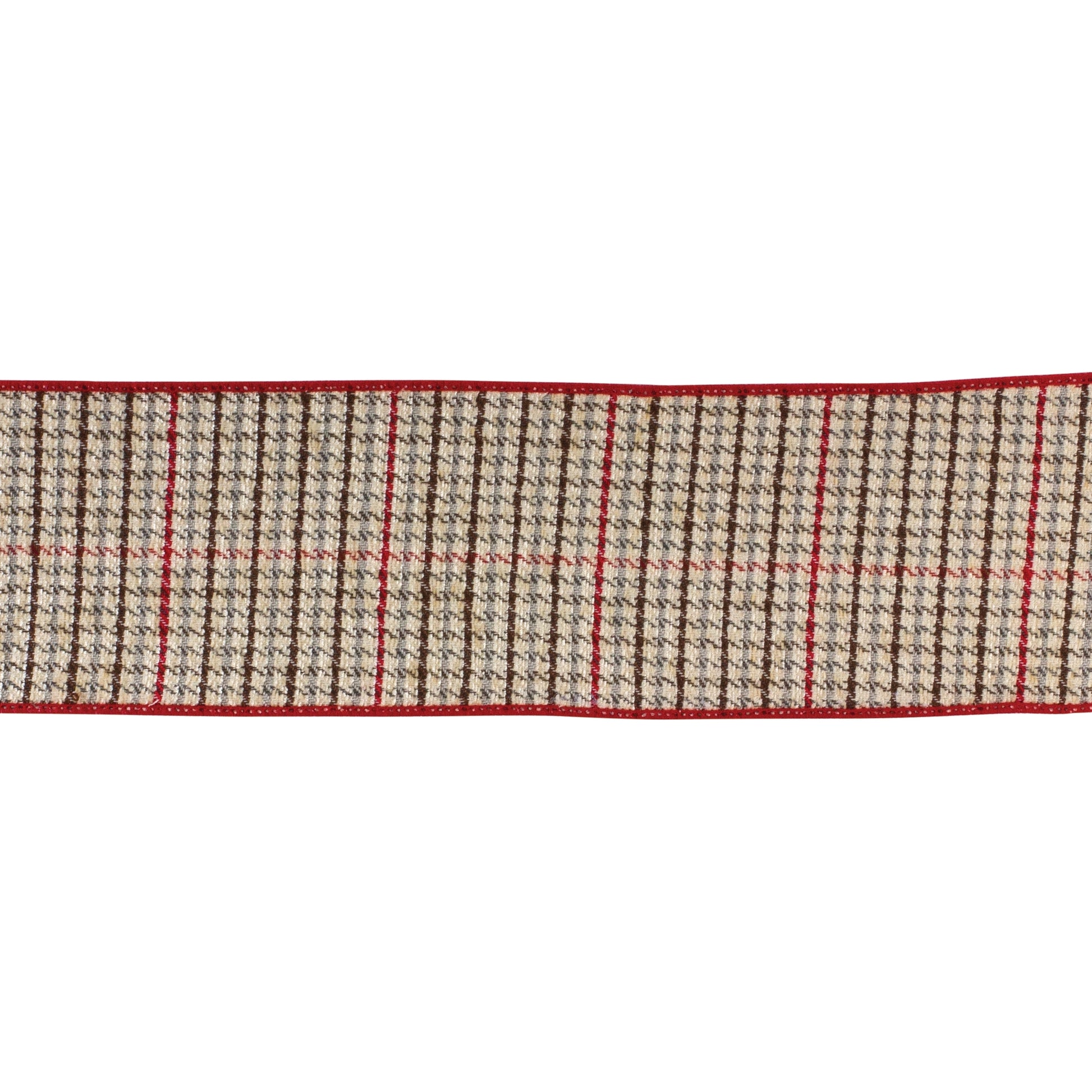 Wired polyester ribbon, 4″ × 10 yds, with red, green and beige plaid pattern—ideal for holiday bows, wreaths, and seasonal decorating
