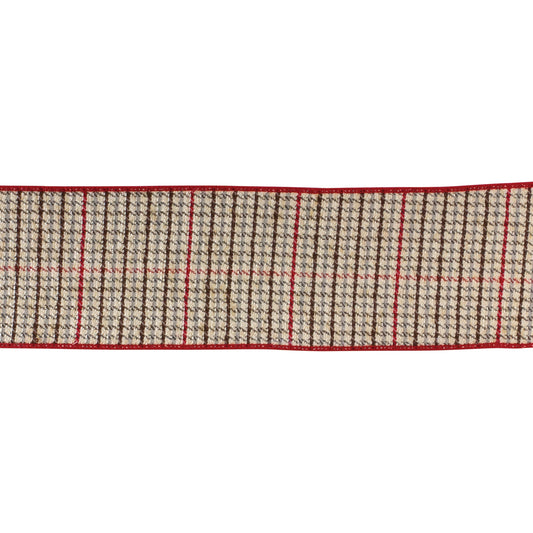 Wired polyester ribbon, 4″ × 10 yds, with red, green and beige plaid pattern—ideal for holiday bows, wreaths, and seasonal decorating
