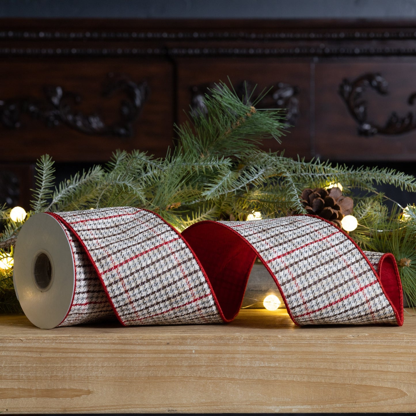 Wired polyester ribbon, 4″ × 10 yds, with red, green and beige plaid pattern—ideal for holiday bows, wreaths, and seasonal decorating
