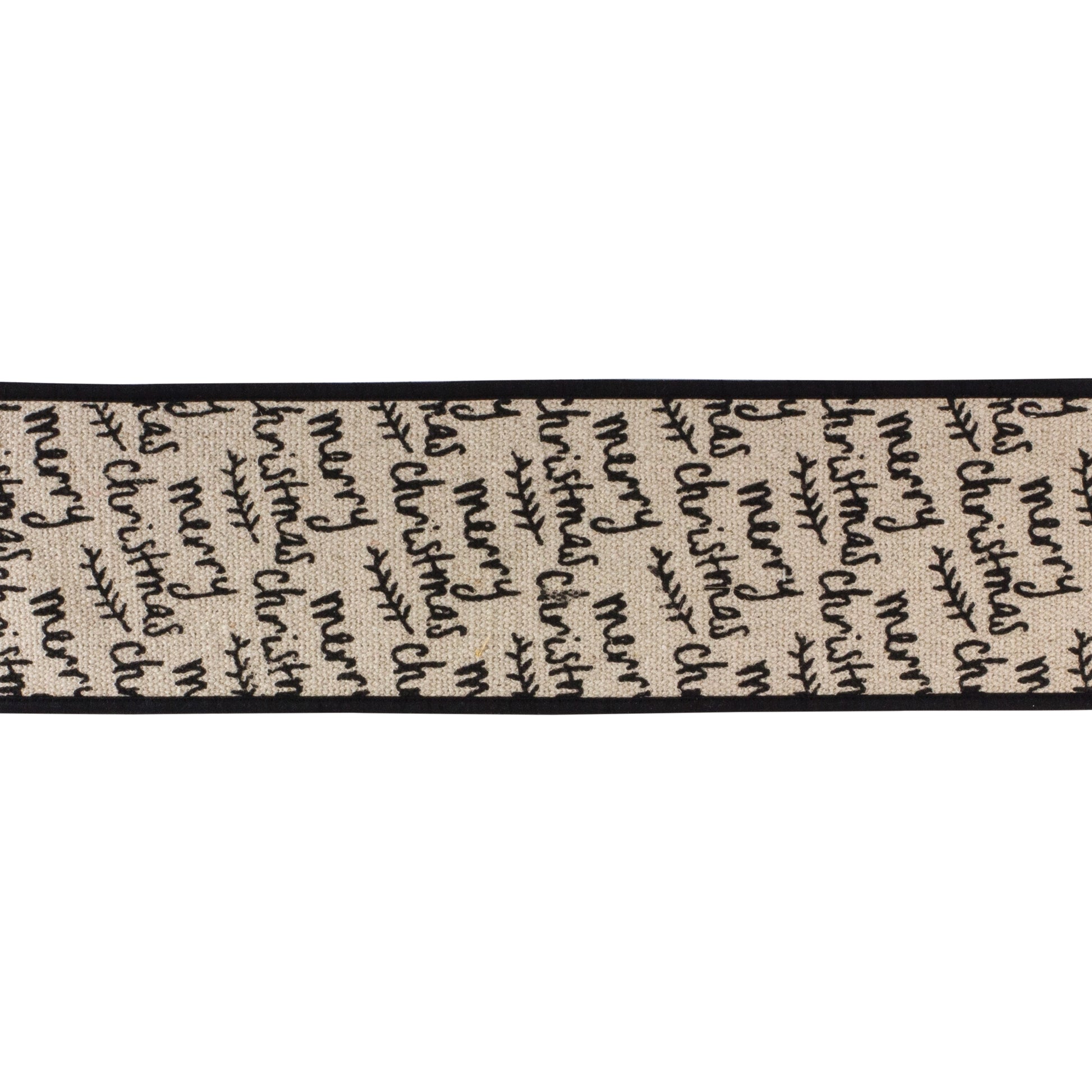 Wired cotton ribbon 4″ × 5 yd featuring black and beige “Merry Christmas” text—perfect for bows, wreaths, and festive crafts
