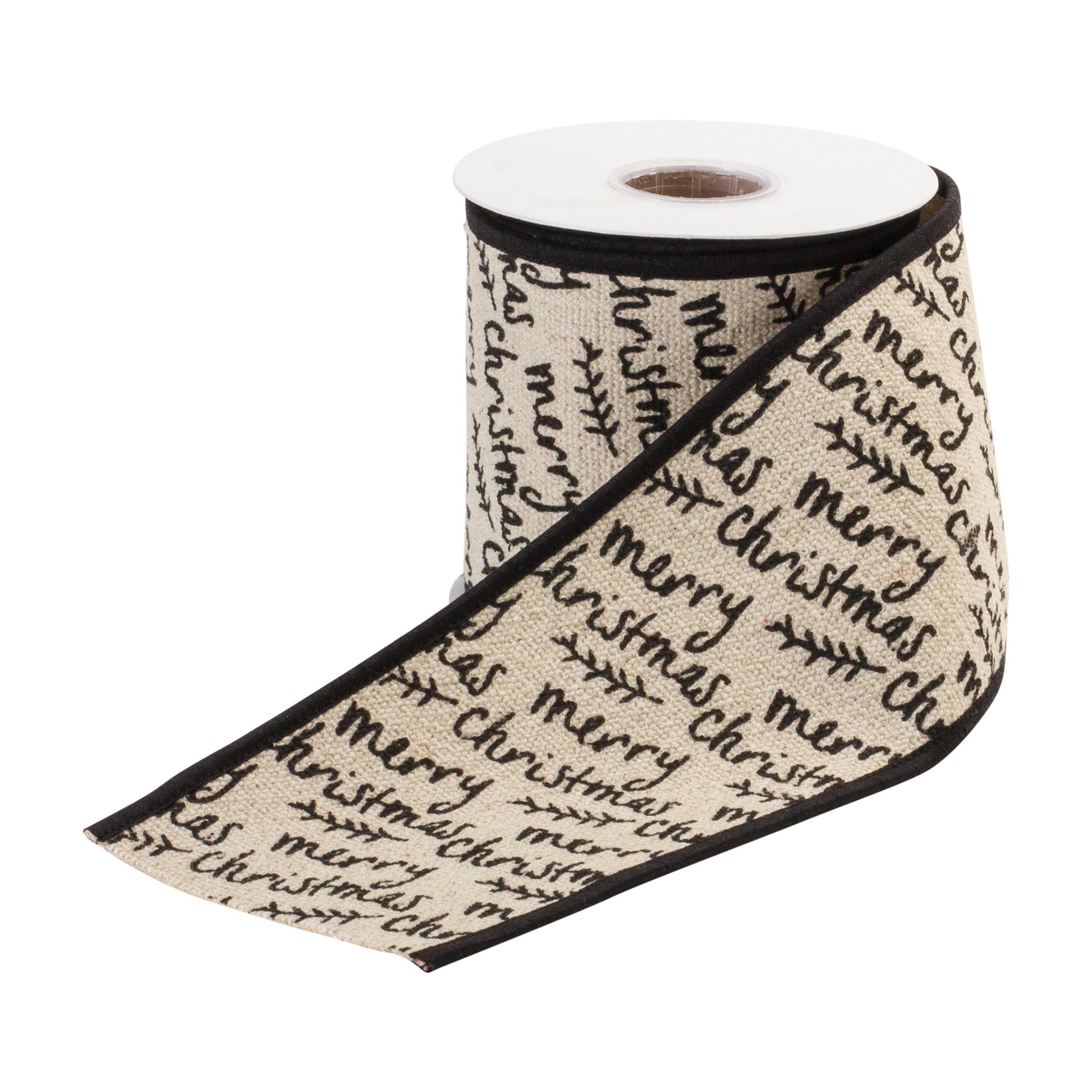 Wired cotton ribbon 4″ × 5 yd featuring black and beige “Merry Christmas” text—perfect for bows, wreaths, and festive crafts
