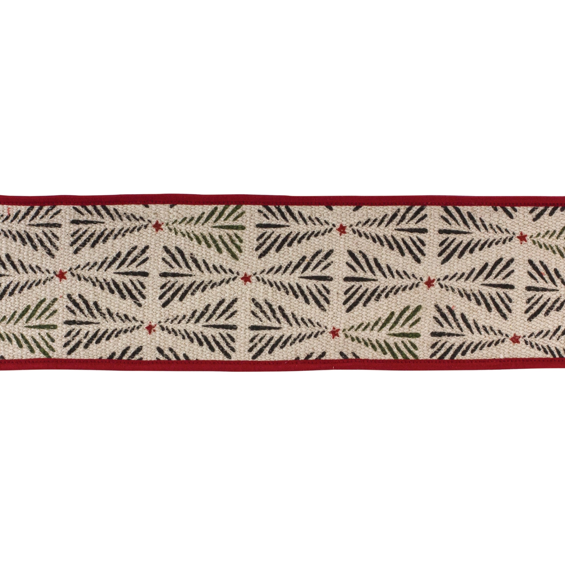 4″ × 5 yd wired cotton ribbon with rustic black & beige pine tree pattern—ideal for holiday bows, wreaths, and craft projects

