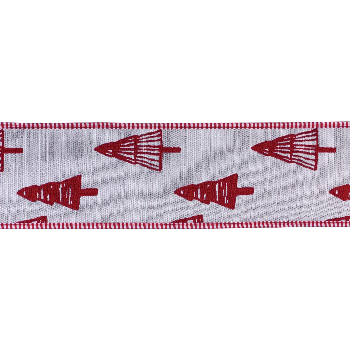 4″ × 5 yd wired polyester ribbon featuring a red and white holiday tree pattern—ideal for bows, wreaths, and seasonal crafts
