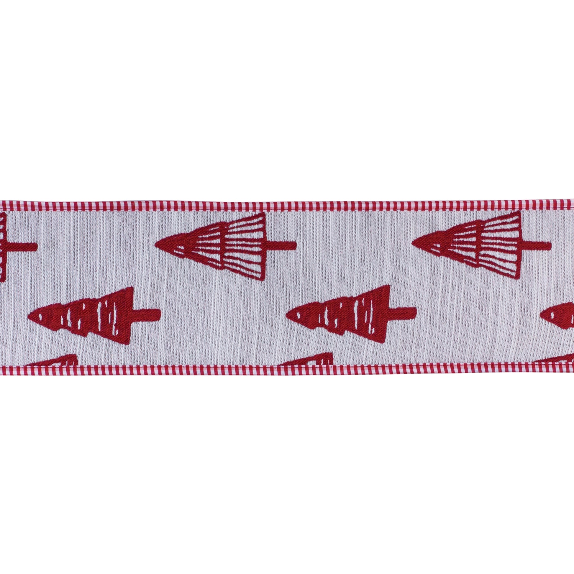 4″ × 5 yd wired polyester ribbon featuring a red and white holiday tree pattern—ideal for bows, wreaths, and seasonal crafts
