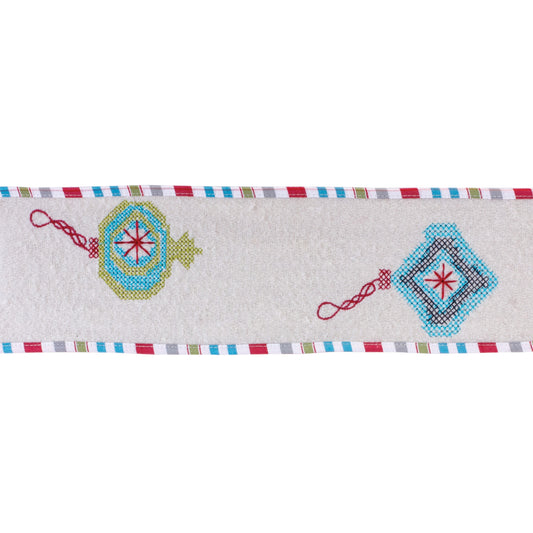 4″ × 5 yd wired wool ribbon featuring white, green, and blue ornament design—ideal for wreaths, bows, and holiday crafts
