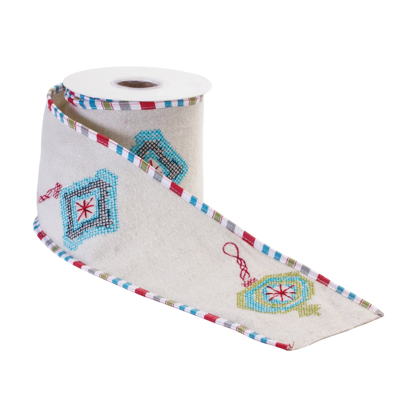 4″ × 5 yd wired wool ribbon featuring white, green, and blue ornament design—ideal for wreaths, bows, and holiday crafts
