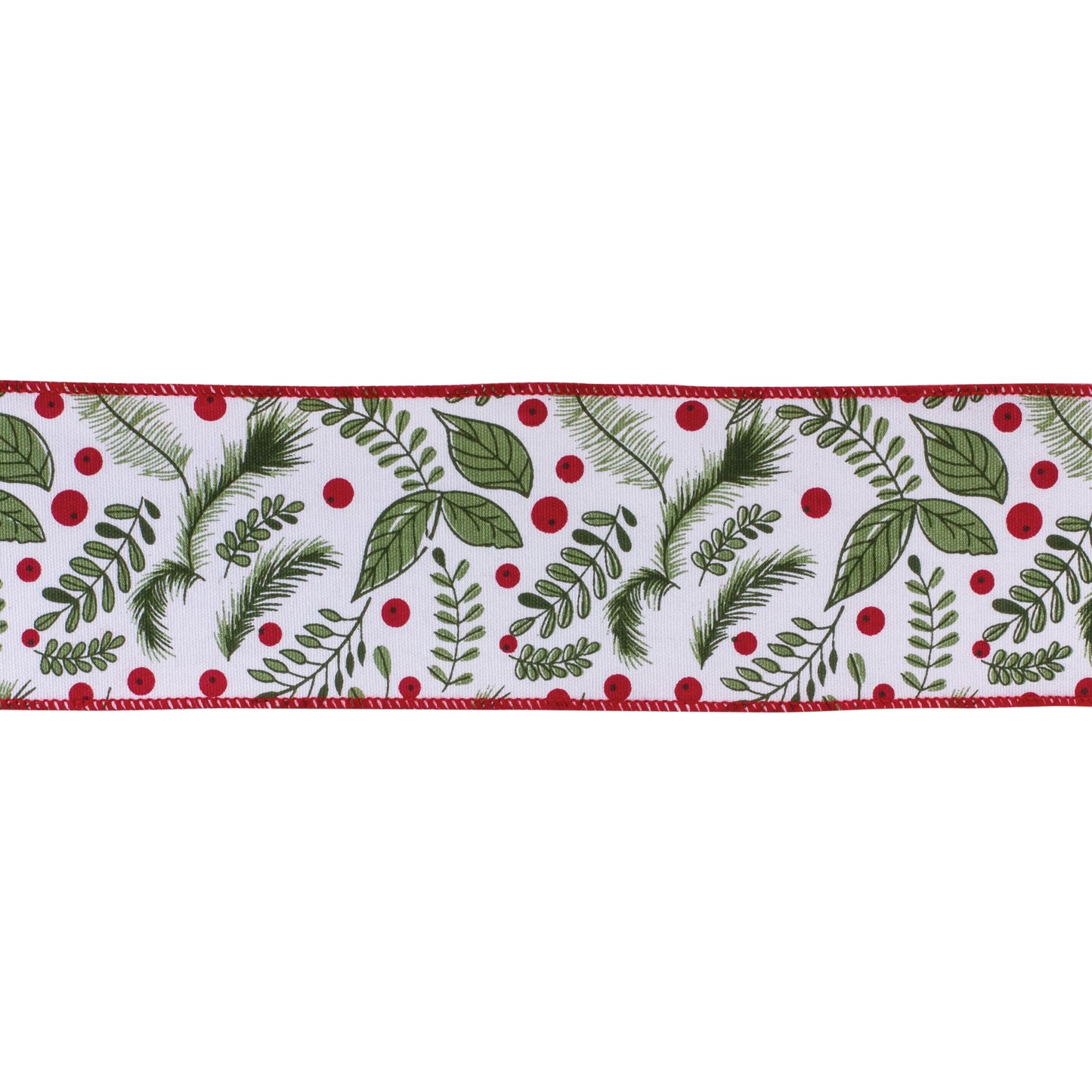 4″ × 10 yd wired cotton ribbon with classic holly berry design in white, green, and red—perfect for bows, wreaths, and festive crafts
