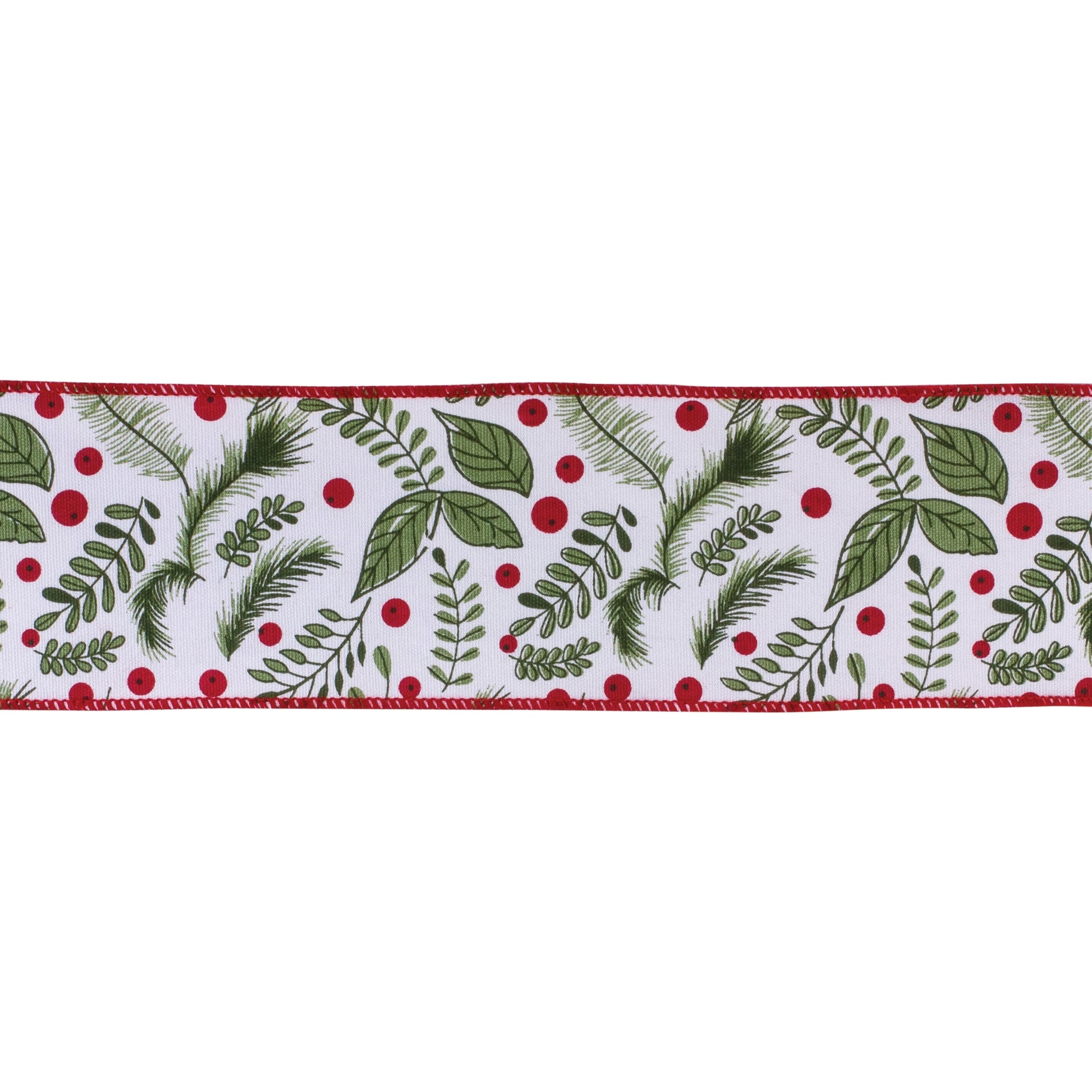 4″ × 10 yd wired cotton ribbon with classic holly berry design in white, green, and red—perfect for bows, wreaths, and festive crafts
