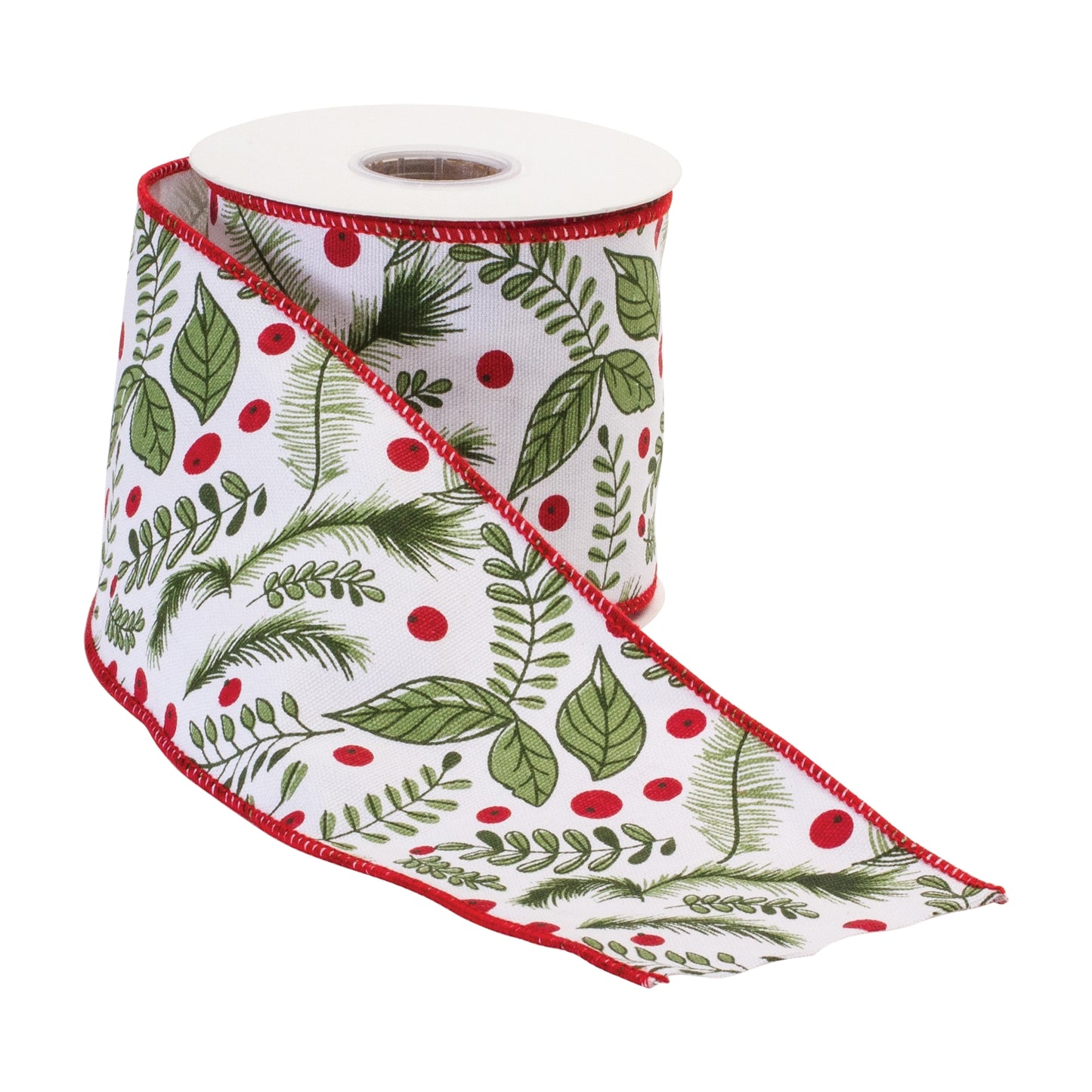 4″ × 10 yd wired cotton ribbon with classic holly berry design in white, green, and red—perfect for bows, wreaths, and festive crafts
