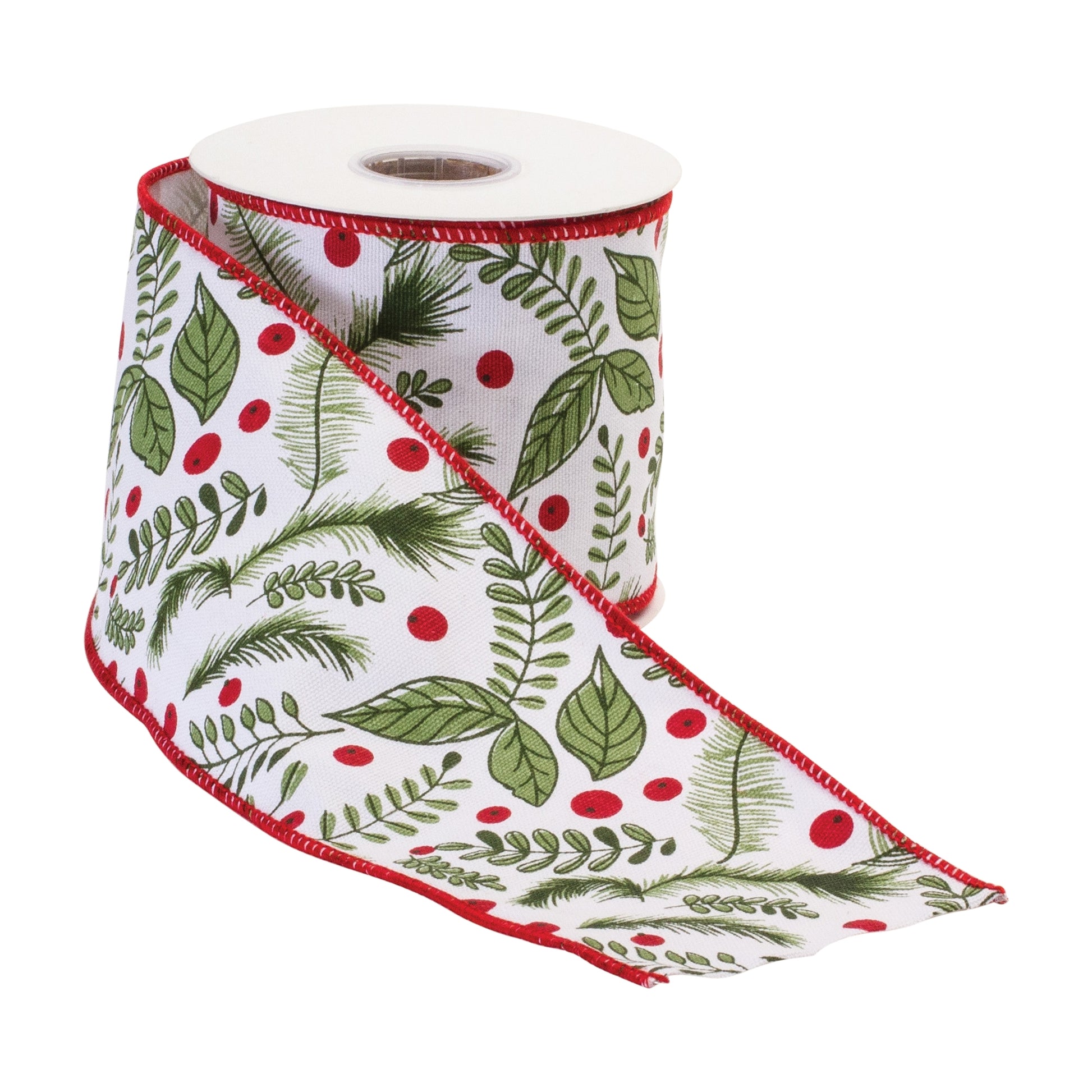 4″ × 10 yd wired cotton ribbon with classic holly berry design in white, green, and red—perfect for bows, wreaths, and festive crafts

