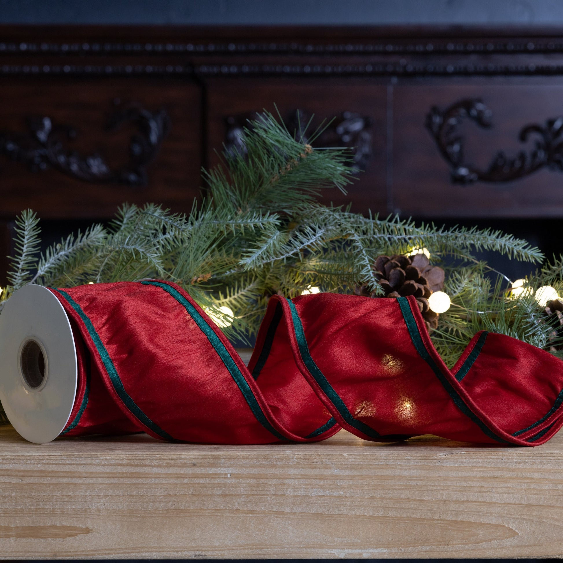Wired polyester ribbon (4″ × 5 yd) in vibrant holiday red—ideal for wreaths, bows, crafts, and festive décor
