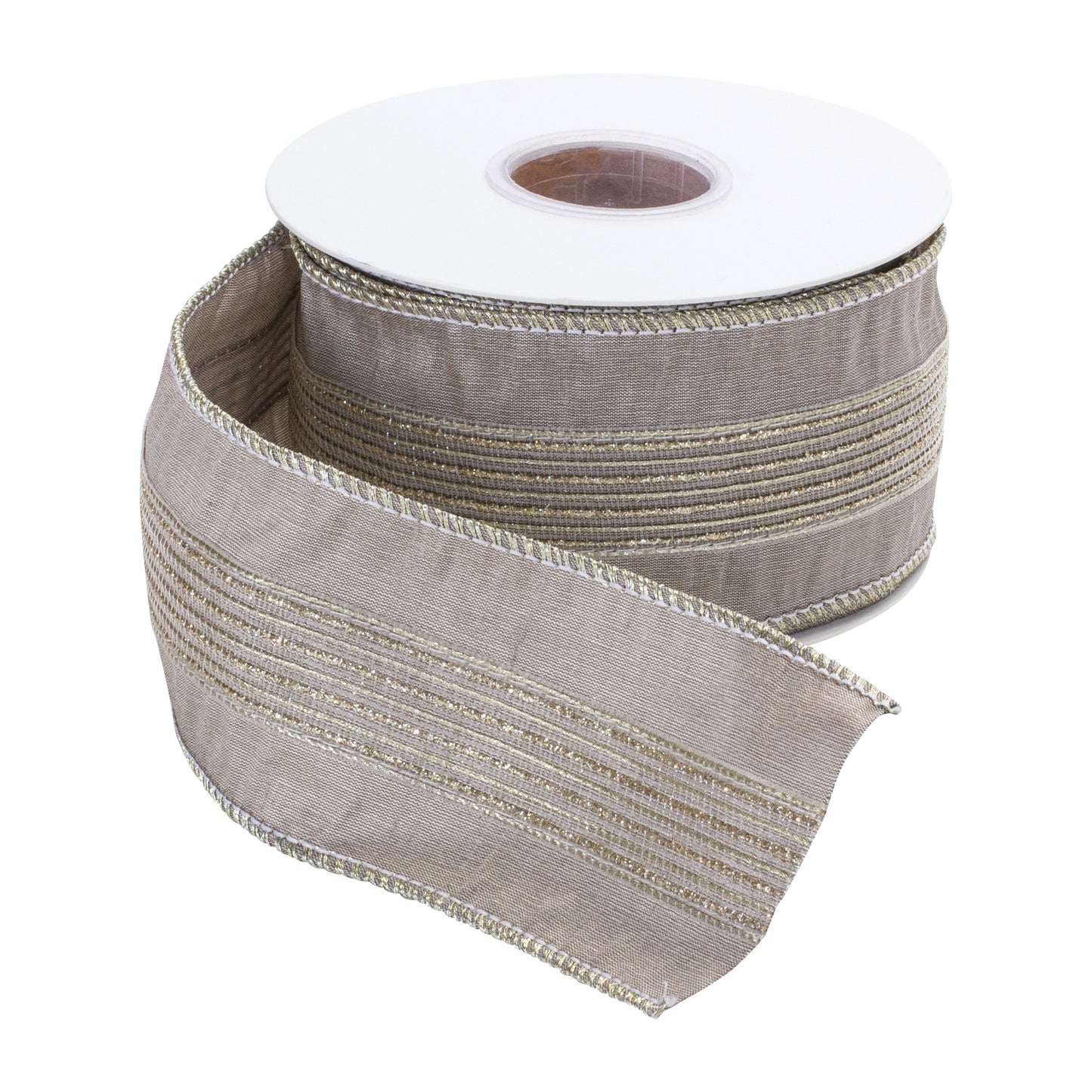 Wired polyester ribbon 2.5″ × 10 yds with glittered grey stripes—elegant accent for bows, wreaths, and festive decor
