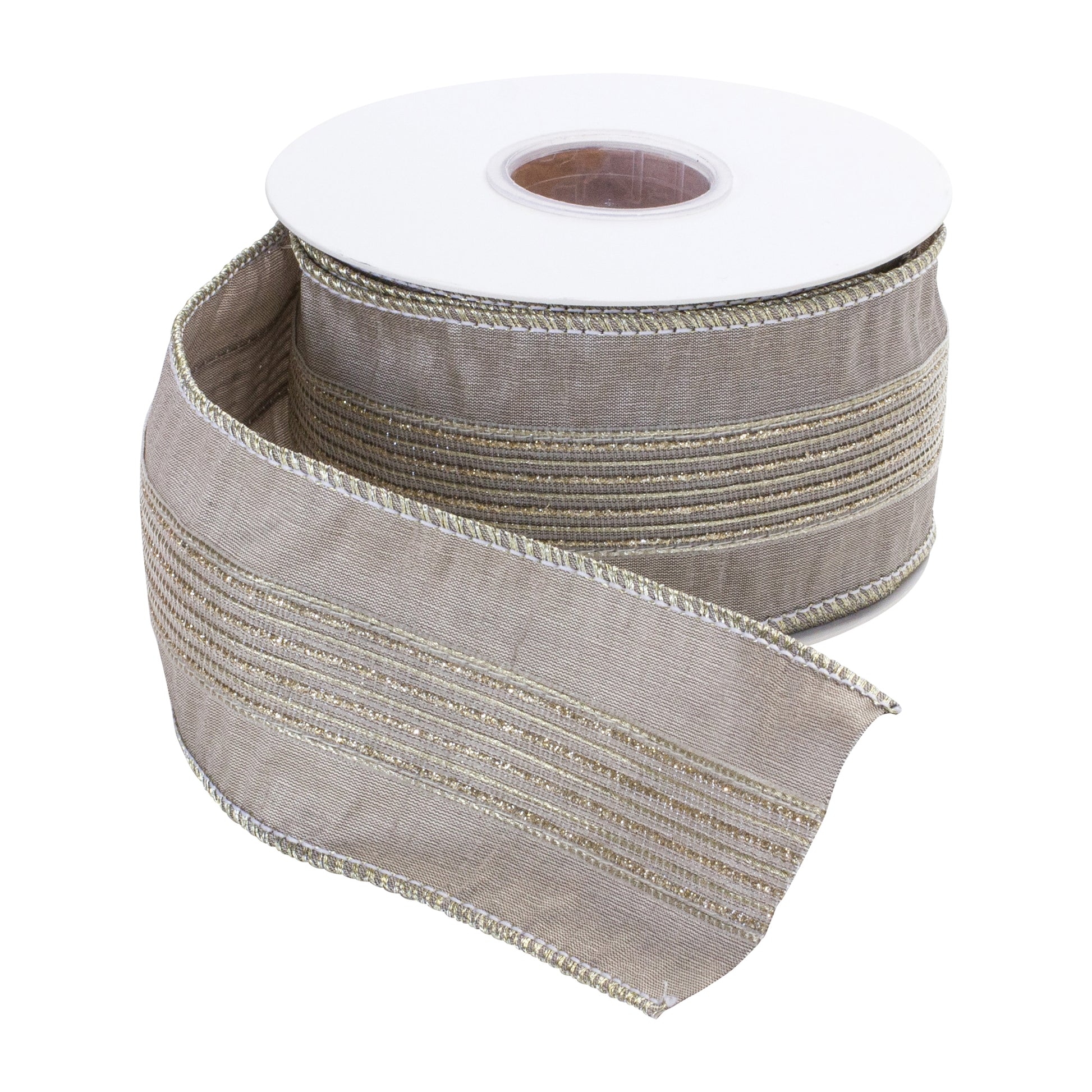 Wired polyester ribbon 2.5″ × 10 yds with glittered grey stripes—elegant accent for bows, wreaths, and festive decor
