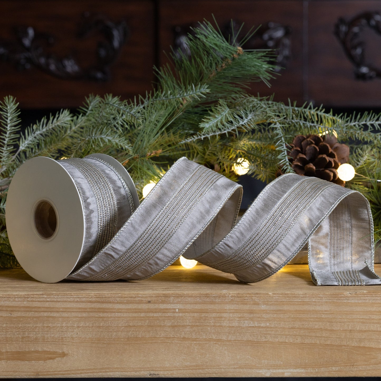 Wired polyester ribbon 2.5″ × 10 yds with glittered grey stripes—elegant accent for bows, wreaths, and festive decor
