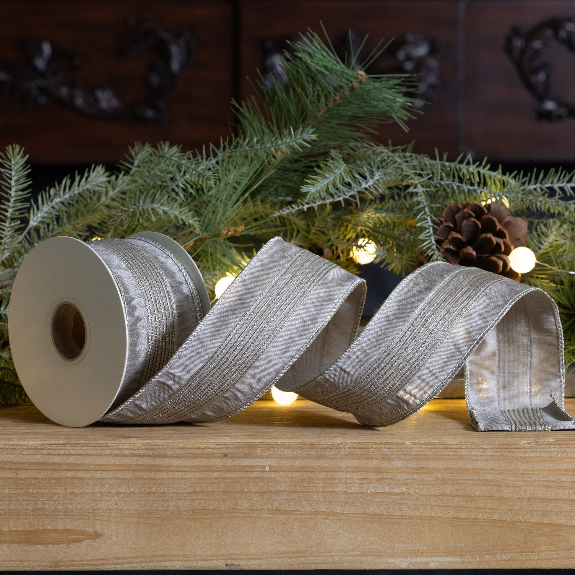 Wired polyester ribbon 2.5″ × 10 yds with glittered grey stripes—elegant accent for bows, wreaths, and festive decor
