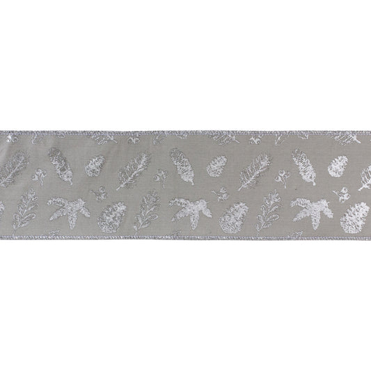 Set of two 4″ × 5 yd wired polyester botanical ribbons with metallic leaf design in sophisticated grey
