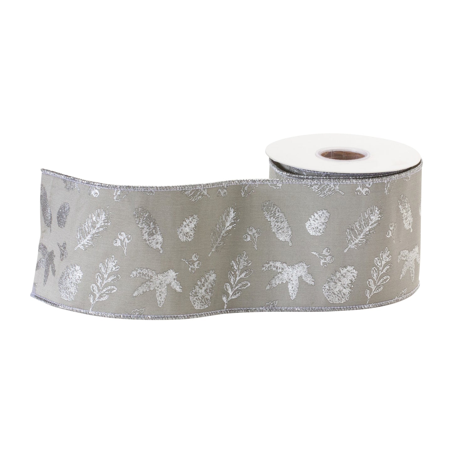 Set of two 4″ × 5 yd wired polyester botanical ribbons with metallic leaf design in sophisticated grey
