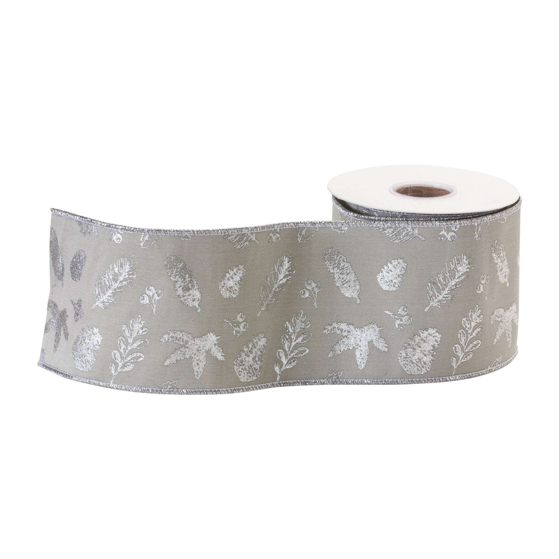 Set of two 4″ × 5 yd wired polyester botanical ribbons with metallic leaf design in sophisticated grey
