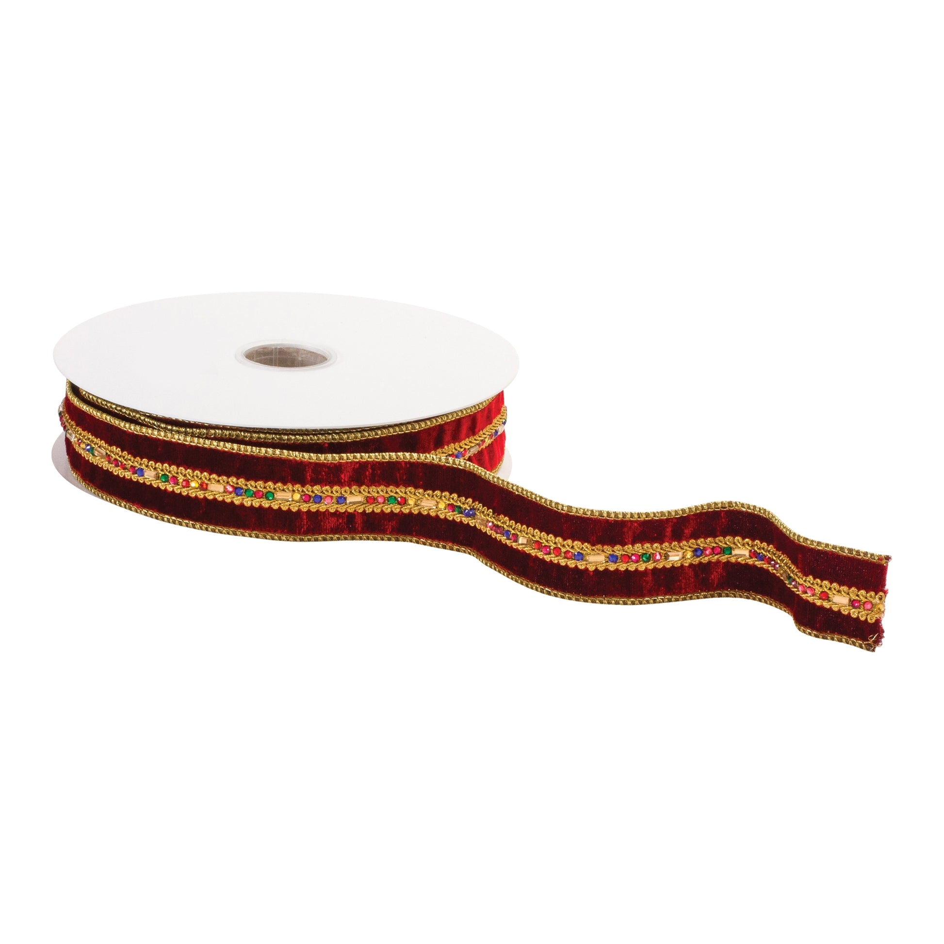 1.5″ × 10 yd wired polyester ribbon in red and gold—ideal for bows, wreaths, gift wrap, and festive crafts
