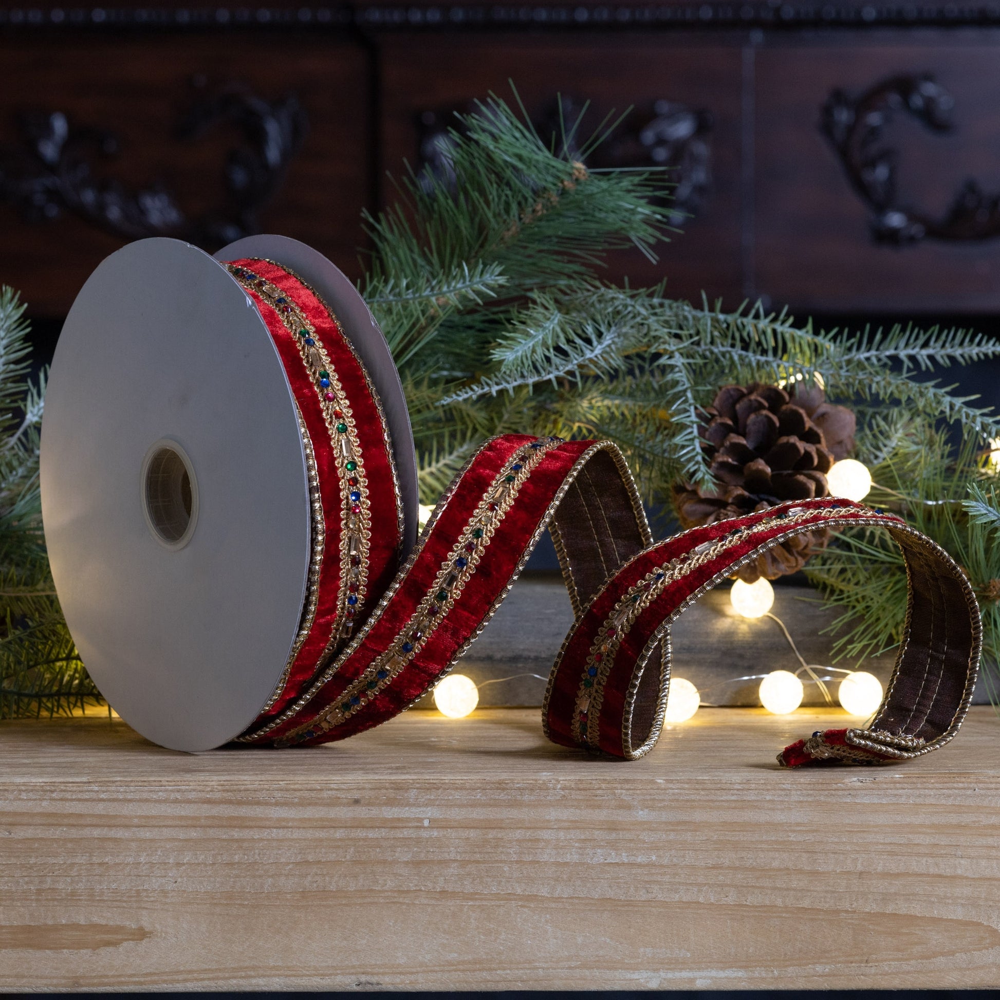 1.5″ × 10 yd wired polyester ribbon in red and gold—ideal for bows, wreaths, gift wrap, and festive crafts
