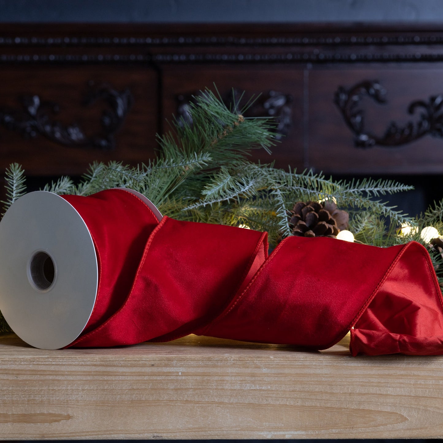 4″ × 10 yd wired polyester ribbon in rich red with wire edge—ideal for bows, wreaths, and festive crafts

