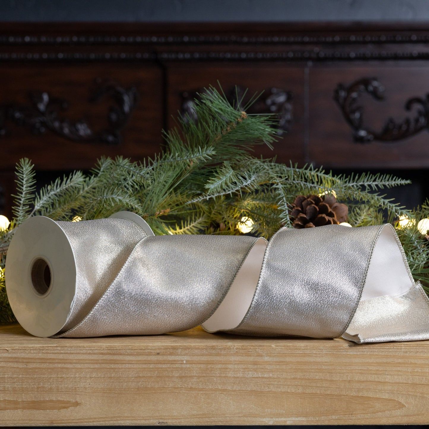 4″ × 10 yd wired polyester ribbon with metallic gold design—perfect for wreaths, gifts, and holiday crafts
