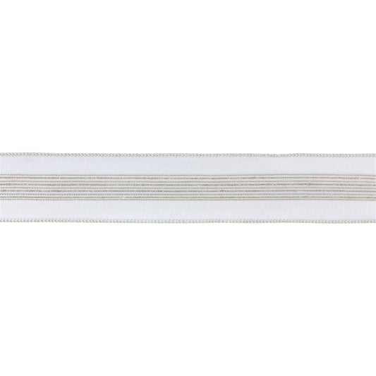 2.5″ × 10 yd wired polyester ribbon with silver glitter stripes—ideal for wreaths, bows, and festive decor
