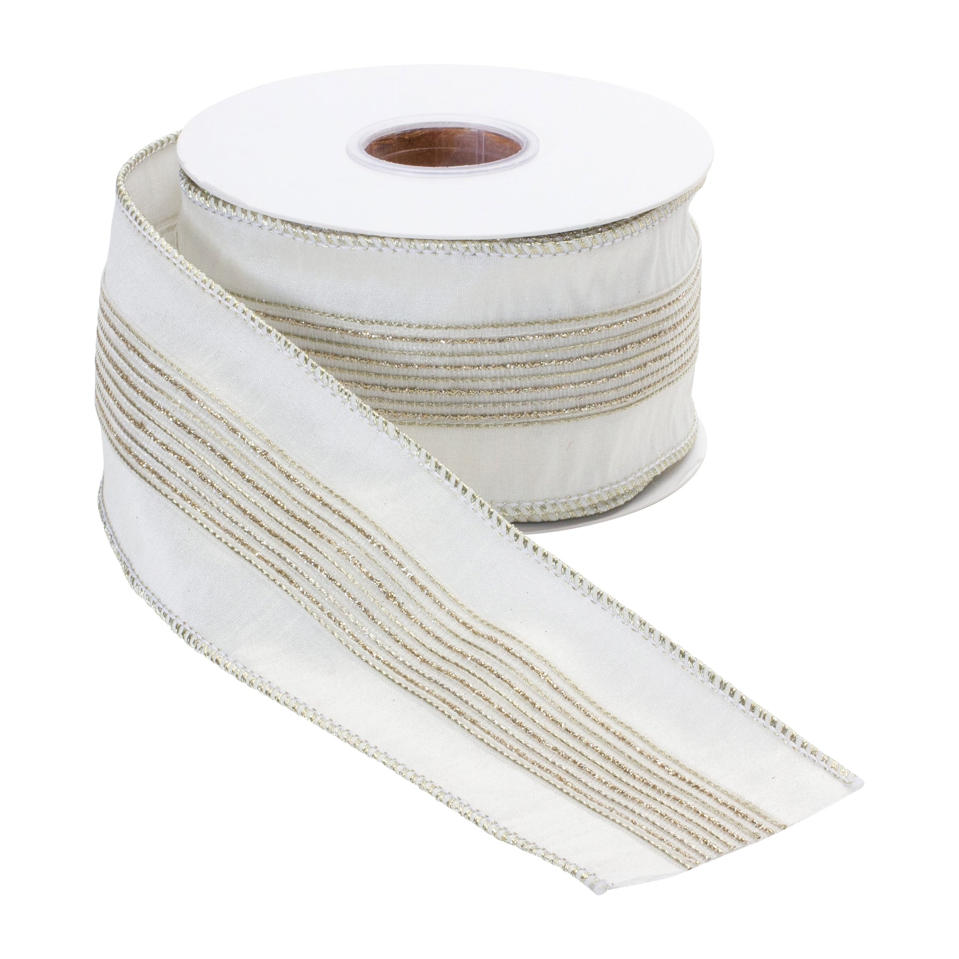 2.5″ × 10 yd wired polyester ribbon with silver glitter stripes—ideal for wreaths, bows, and festive decor
